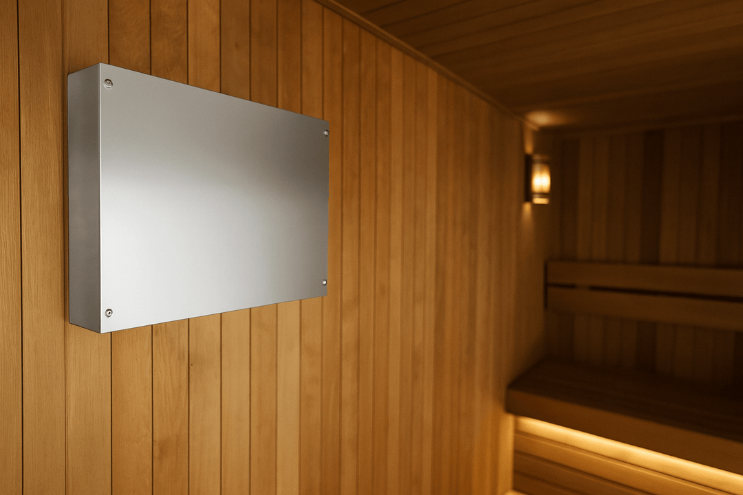 Harvia Xenio LTY45 power unit mounted on sauna wall for efficient temperature control