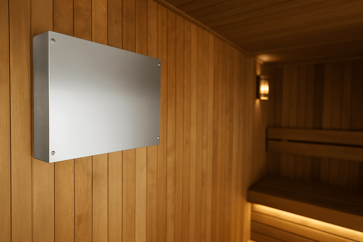 Harvia Xenio LTY45 power unit mounted on sauna wall for efficient temperature control