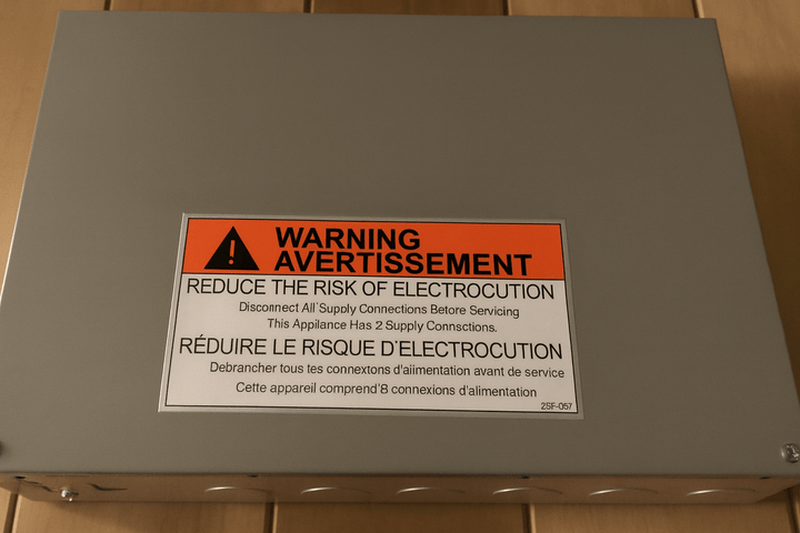 Harvia Xenio LTY45 power unit with warning label for electrical safety precautions