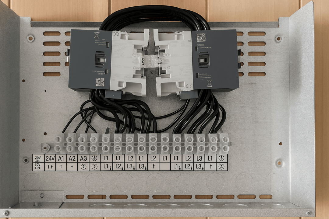 Harvia Xenio LTY45 power unit with wiring connections and circuit breakers for sauna control