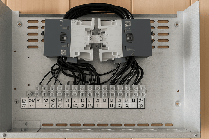 Harvia Xenio LTY45 power unit with wiring connections and circuit breakers for sauna control