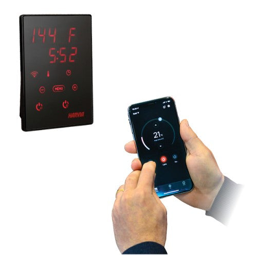 Harvia Xenio WiFi remote control with digital display and smartphone app for sauna temperature and timer settings