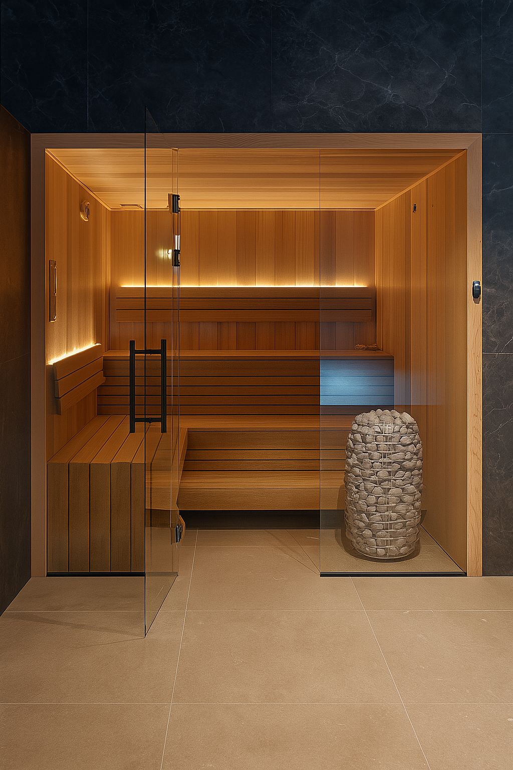 HUUM HIVE Mini Series sauna heater with stacked stones inside modern wooden sauna room