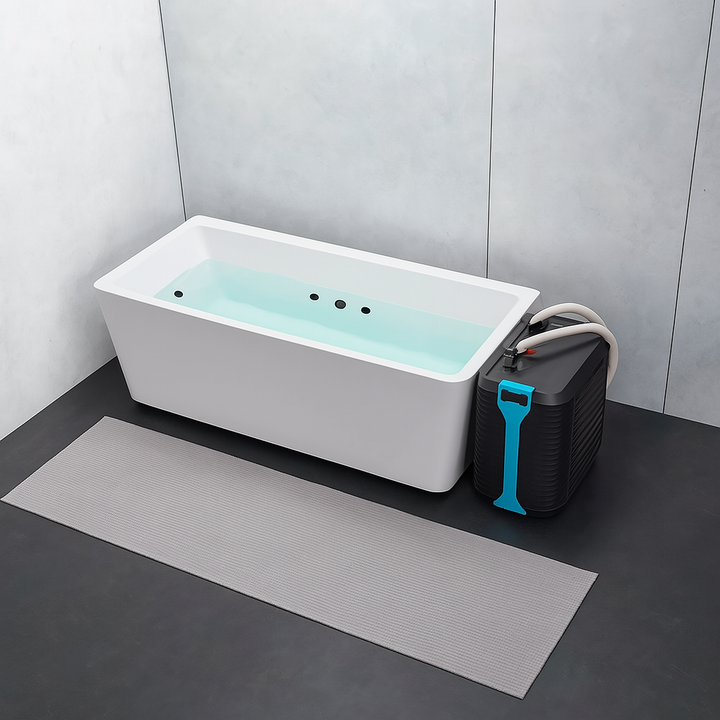 Sierra Spa Home Spa Cold Plunge tub with water and external cooling unit on gray floor mat