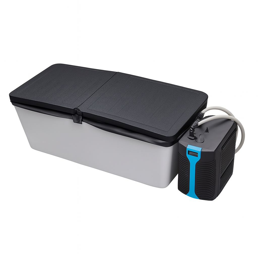 Sierra Spa Home Spa Cold Plunge with black lid and attached cooling unit for personal use