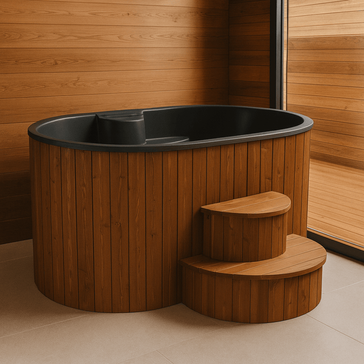 SaunaLife home spa immersion tub in wood finish with comfortable steps for relaxing experiences