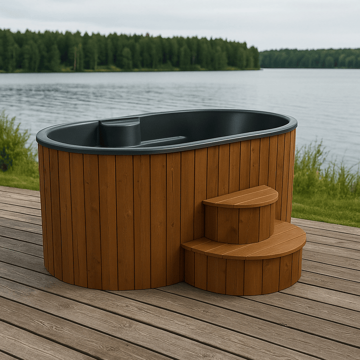 SaunaLife home spa immersion tub with wooden exterior by serene lake for relaxation and wellness