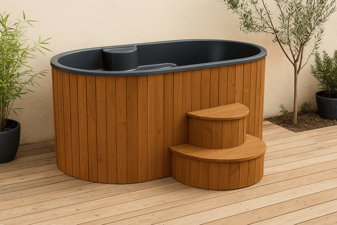 SaunaLife home spa immersion tub with wooden exterior and steps for a relaxing outdoor experience