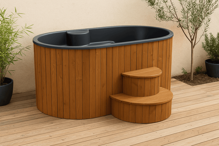 SaunaLife home spa immersion tub with wooden exterior and steps for a relaxing outdoor experience