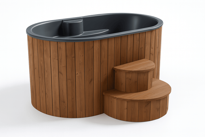 SaunaLife home spa immersion tub with wooden exterior and steps for easy access