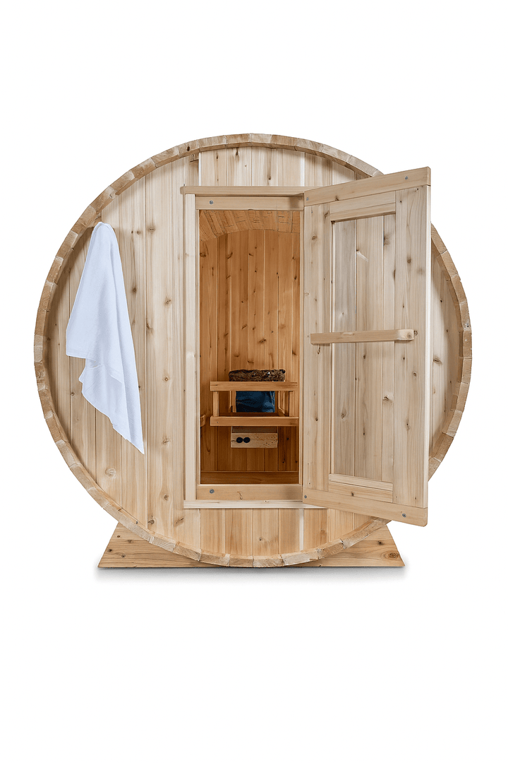Leisurecraft Barrel Sauna Kit with an open door, perfect for a relaxing home spa sauna kit experience