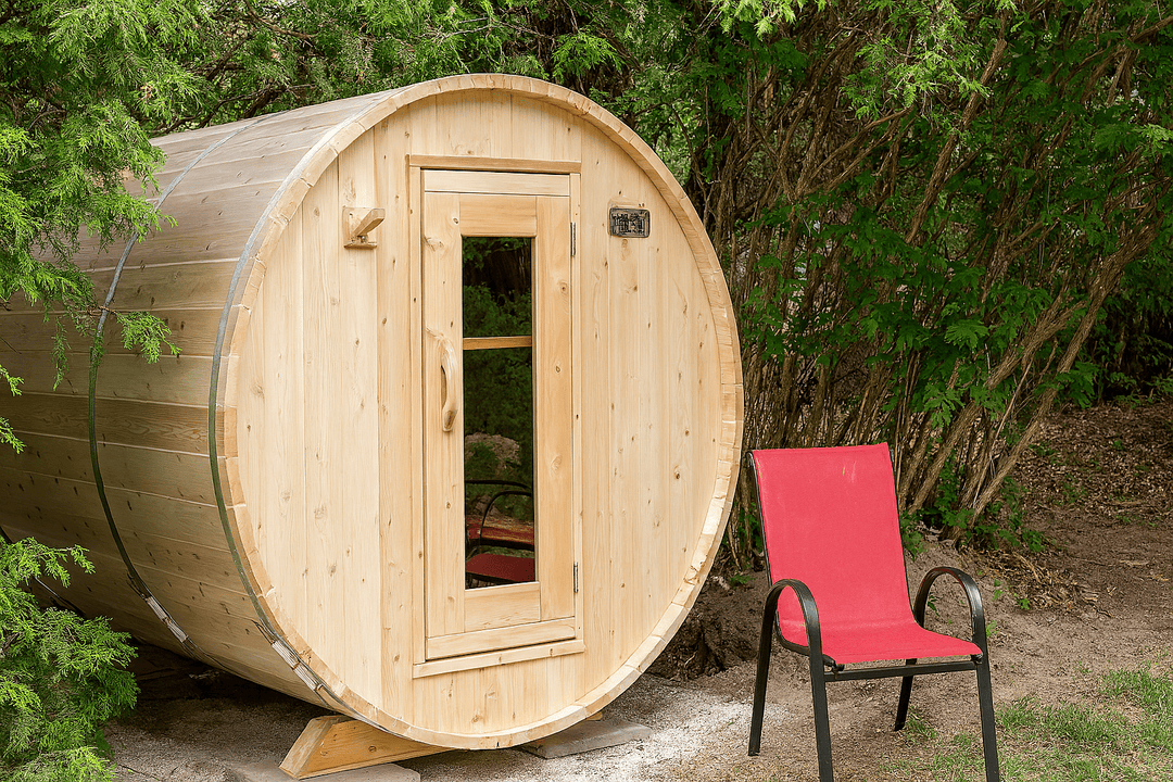 Leisurecraft barrel sauna kit designed for a home spa experience, featuring a natural wood exterior and front door