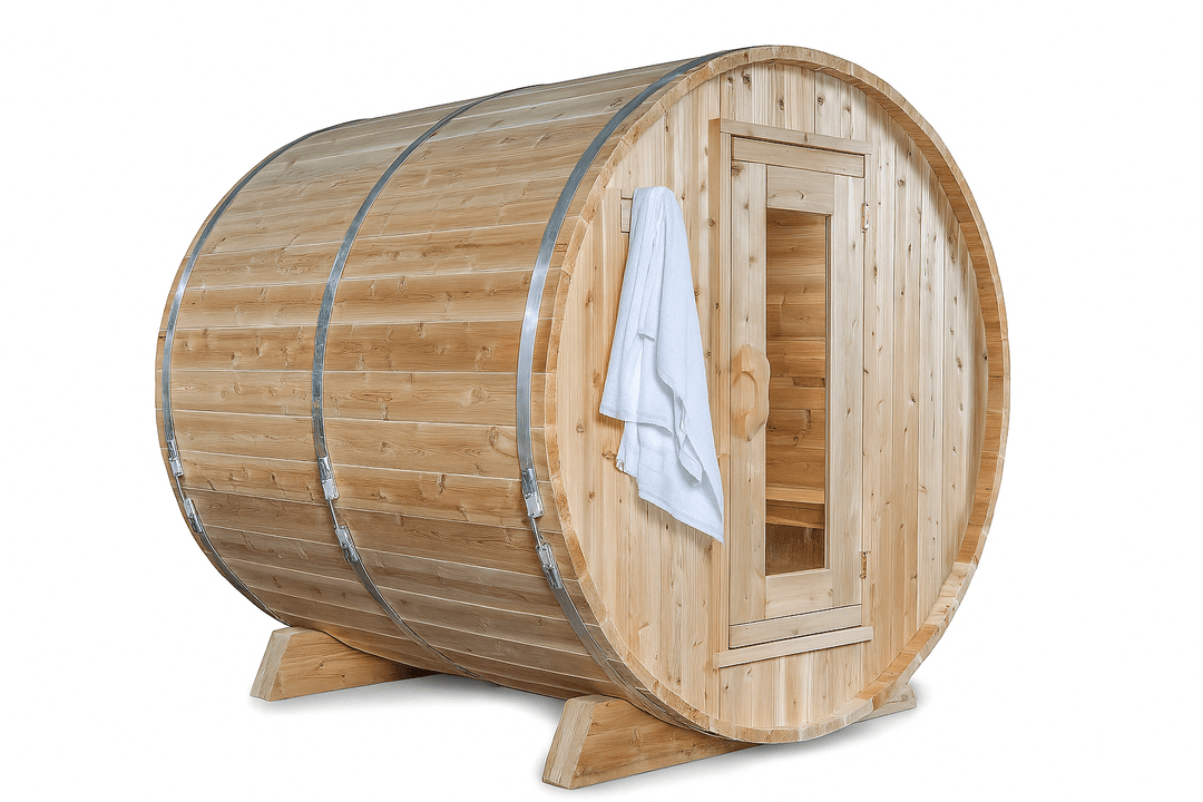 Leisurecraft Barrel Sauna in natural wood finish, perfect for a home spa sauna kit experience