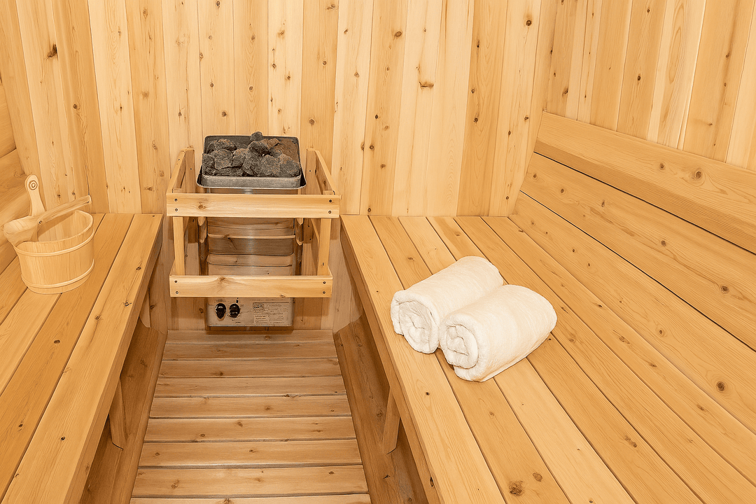 Leisurecraft barrel sauna interior featuring wood benches, rocks, and towels for a perfect home spa sauna kit