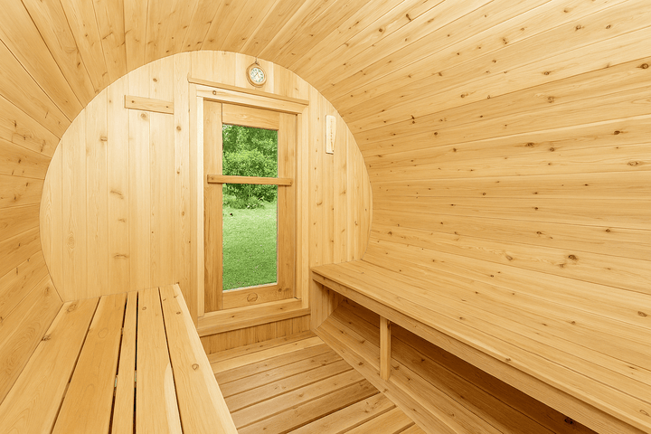 Leisurecraft Barrel Sauna interior featuring natural wood finish, ideal for a home spa sauna kit