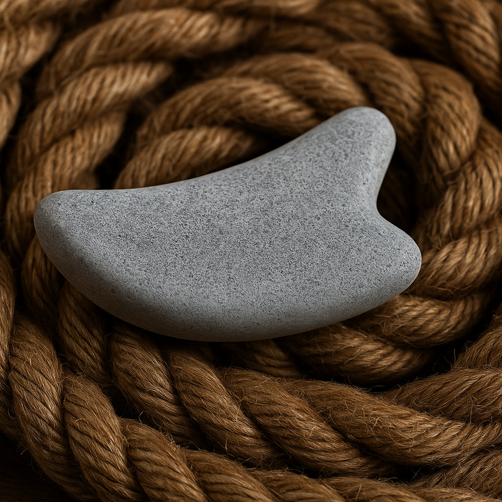 Hukka guasha massage stone for sauna smooth gray ergonomic facial and body tool on braided rope