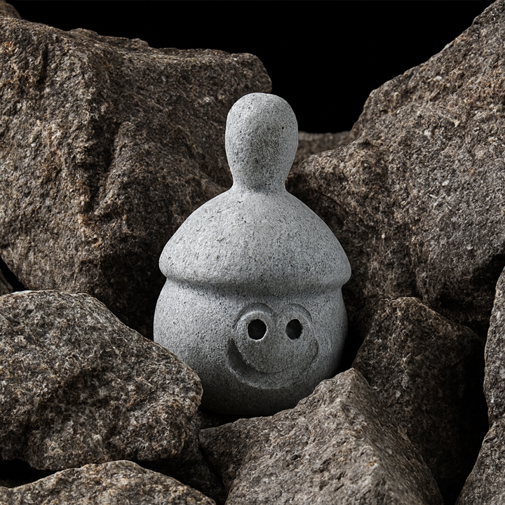 Hukka Elli sauna stone figurine smiling stone accessory nestled among dark sauna rocks for sauna decor