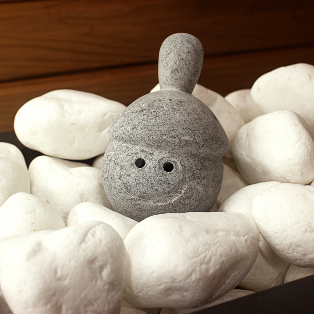 Hukka Elli sauna stone figurine gray smiling pebble accessory surrounded by white sauna stones on wooden background