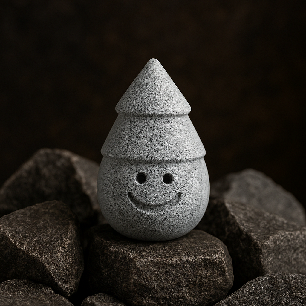 Hukka Jolle Sauna Elf gray stone like sauna accessory with smiling elf design sitting on sauna stones