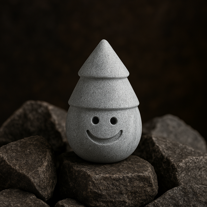 Hukka Jolle Sauna Elf gray stone like sauna accessory with smiling elf design sitting on sauna stones