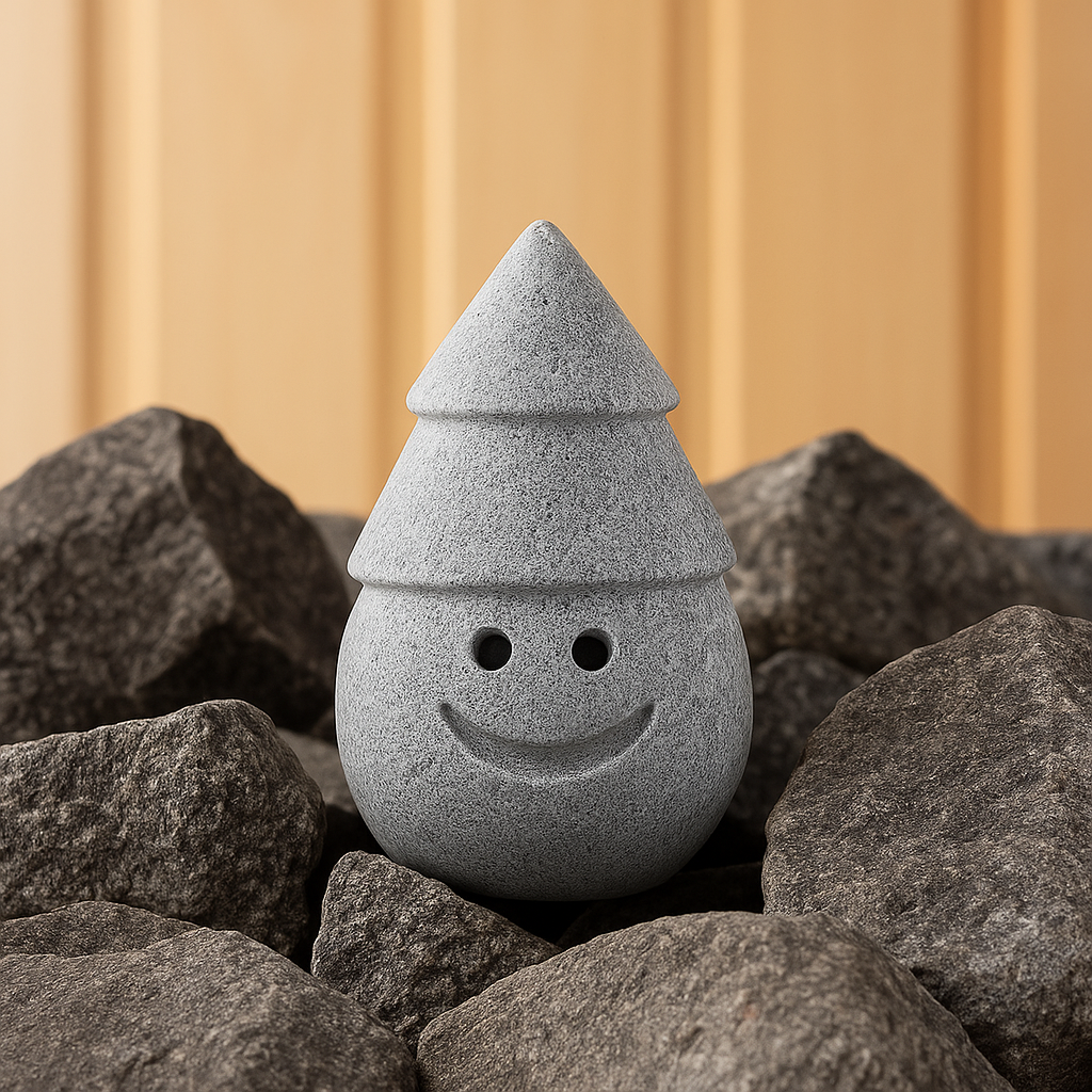 Hukka Jolle Sauna Elf gray stone smiling sauna accessory on hot sauna rocks for steam scent