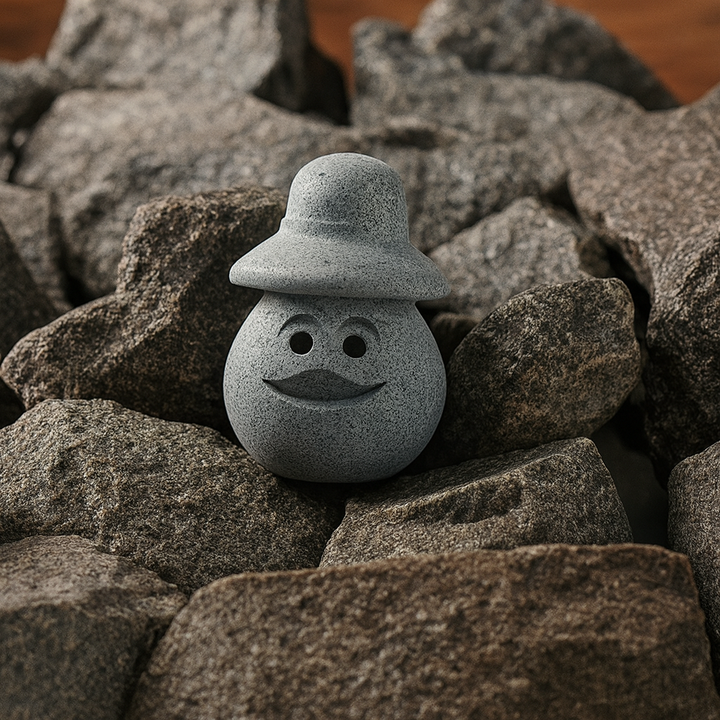 Hukka Lyyli sauna elf figurine gray stone accessory with smiling face and hat nestled among sauna stones