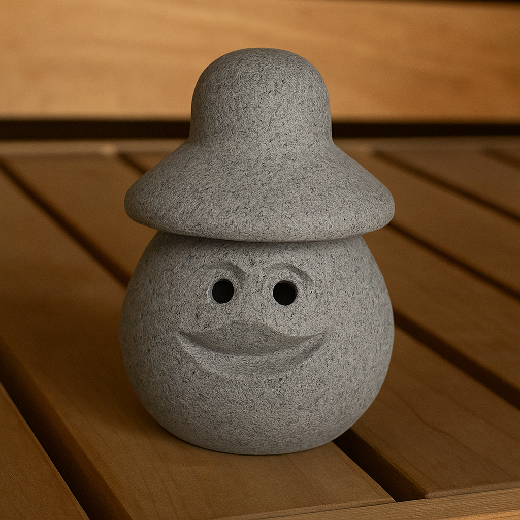 Hukka Lyyli sauna elf figurine speckled gray stone smile with hat on wooden sauna bench accessory