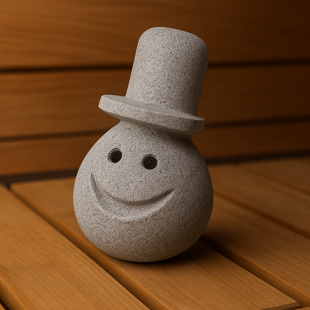 Hukka Reiska sauna elf stone figurine with top hat on wooden sauna bench smiling accessory