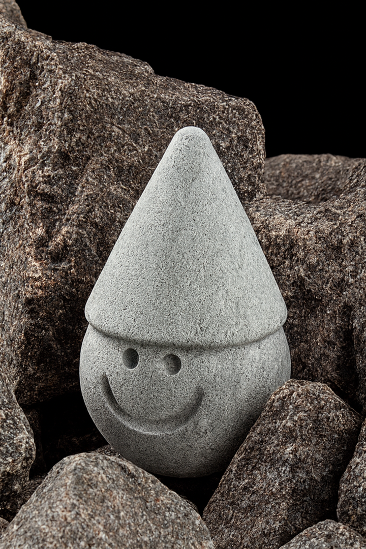 Hukka Tahvo Sauna Elf stone sauna accessory smiling gnome with conical hat sitting among sauna rocks