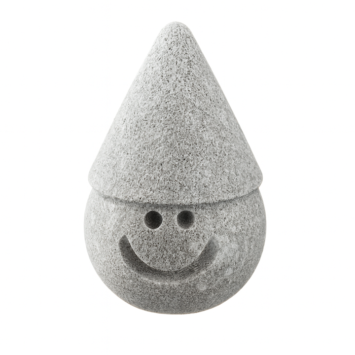 Hukka Tahvo Sauna Elf gray textured smiling sauna accessory with conical hat for steam and sauna decor