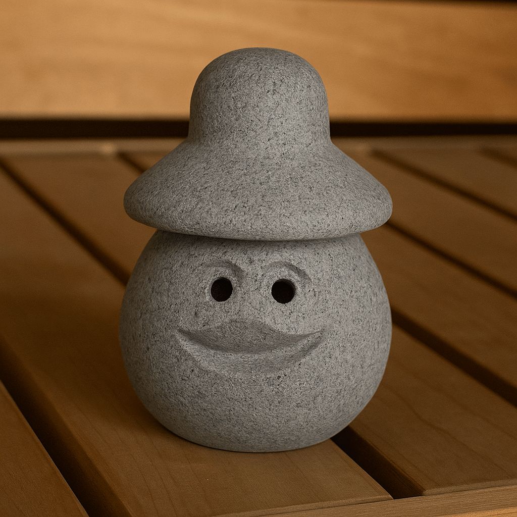 Hukka Lyyli sauna elf figurine in gray with a smiling face for sauna decor