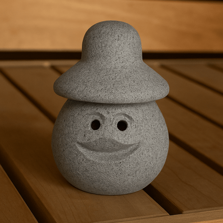 Hukka Lyyli sauna elf figurine in gray with a smiling face for sauna decor