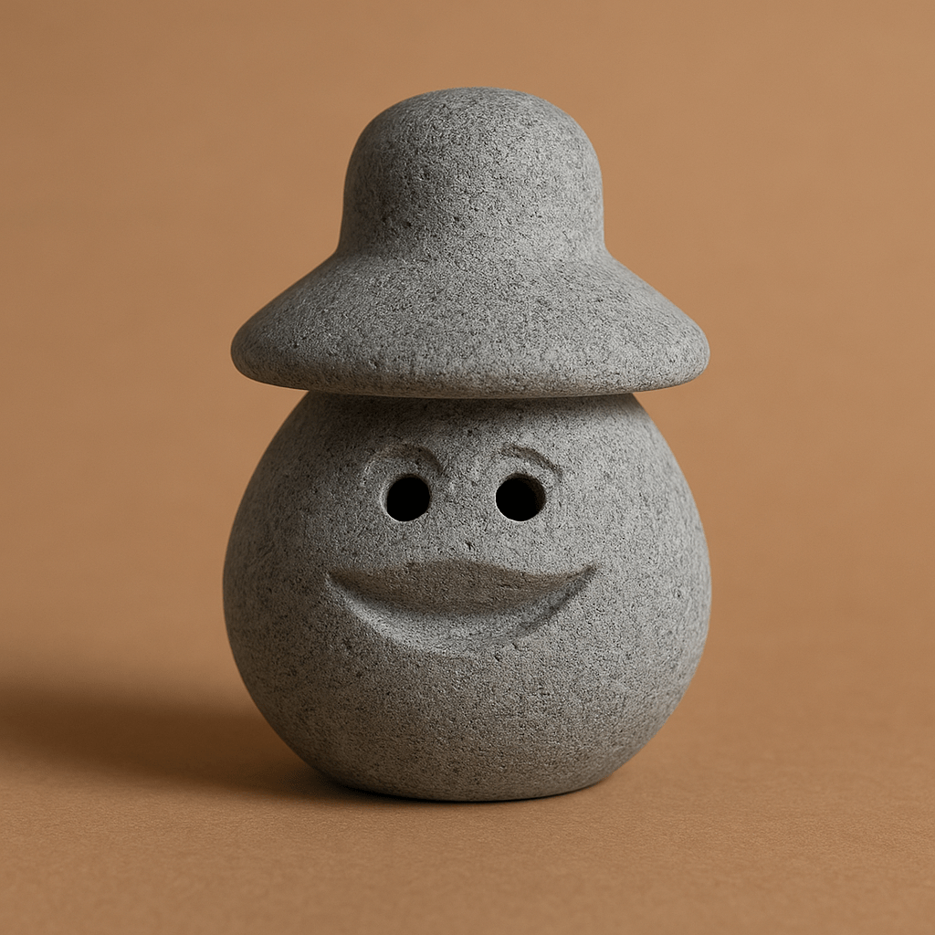 Hukka Lyyli sauna elf figurine in gray stone with a smiling face and hat