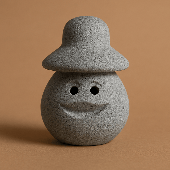 Hukka Lyyli sauna elf figurine in gray stone with a smiling face and hat