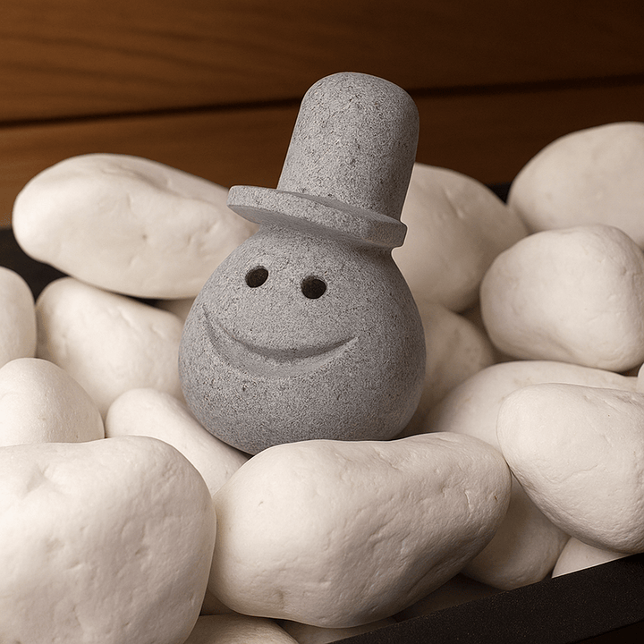 Hukka Reiska sauna elf figure in a stone sauna setting with a smiling face and top hat