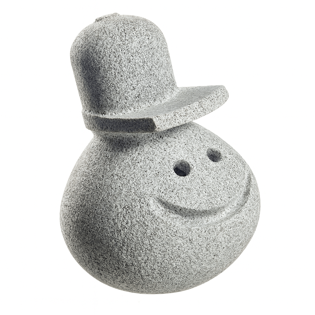 Hukka Reiska sauna elf in grey stone with a playful smile and hat design for sauna use