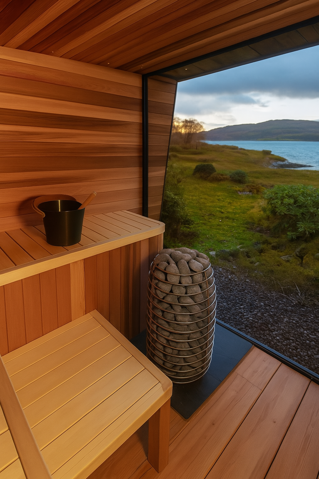 HIVE Mini Series sauna heater inside wooden sauna with scenic lake and mountain view