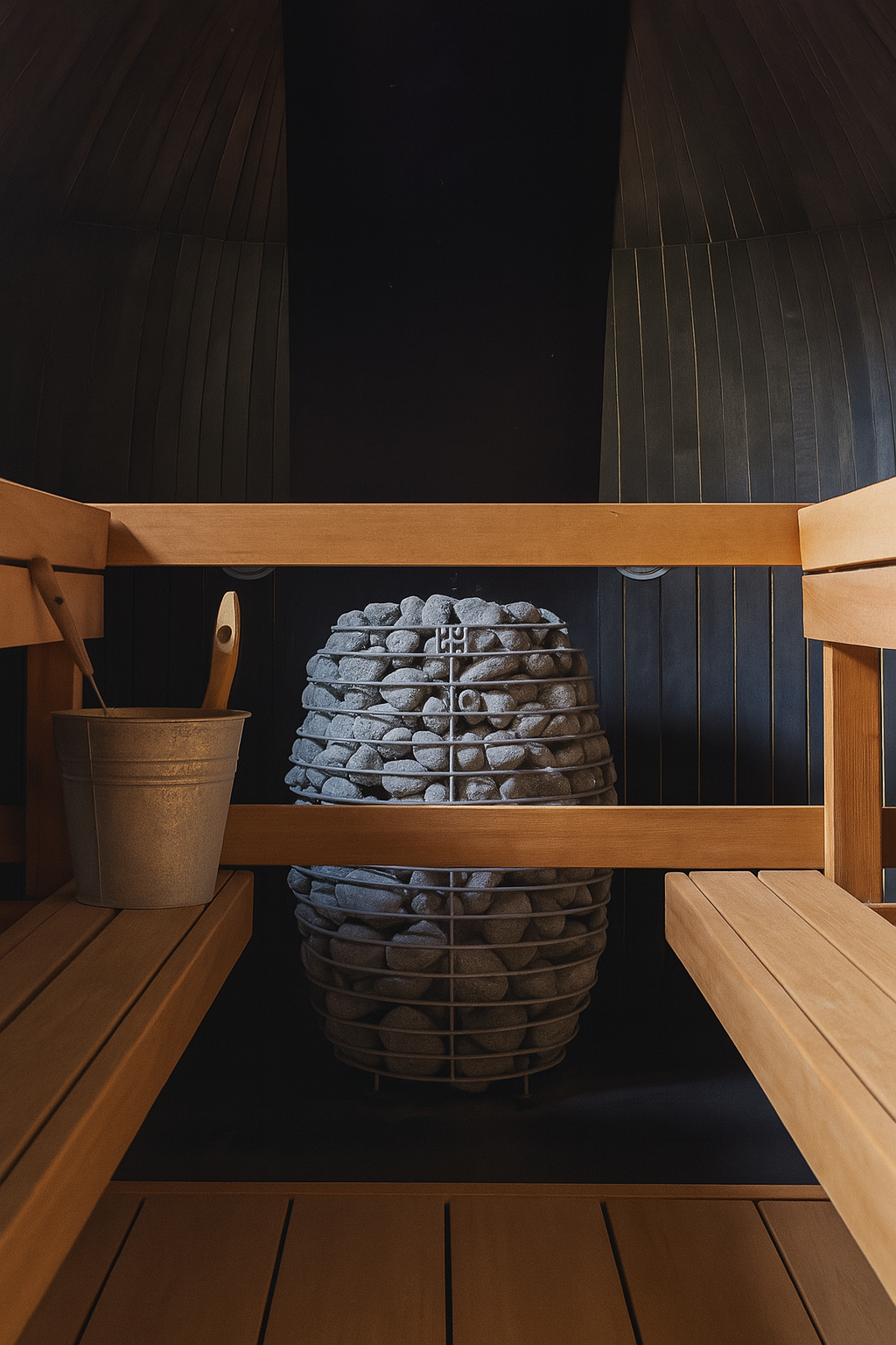 HIVE Mini Series sauna heater with stacked sauna stones inside a wooden sauna room by My Luxury Home Spa