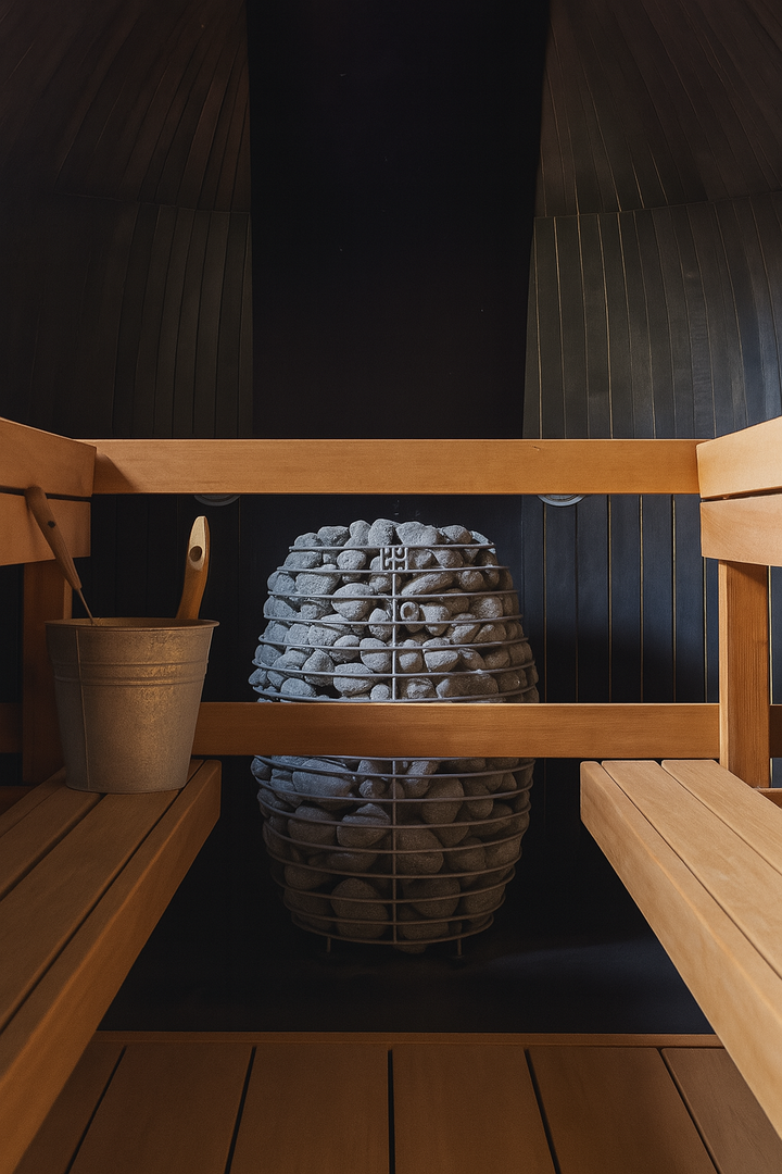 HIVE Mini Series sauna heater with stacked sauna stones inside a wooden sauna room by My Luxury Home Spa