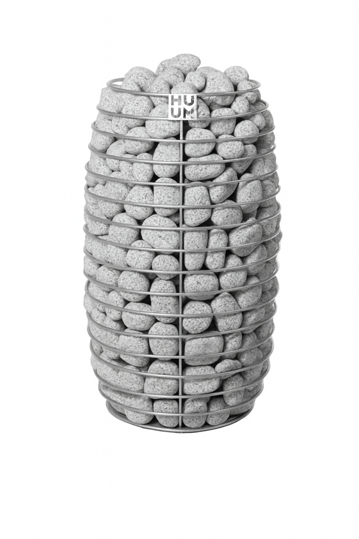 HIVE Mini Series sauna heater with stacked sauna stones inside metal frame by My Luxury Home Spa