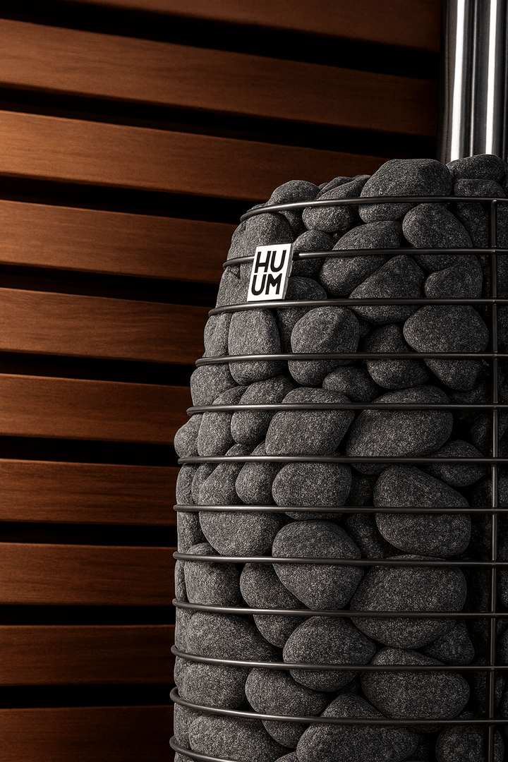HUUM home sauna heater package featuring sleek stone design for effective heating