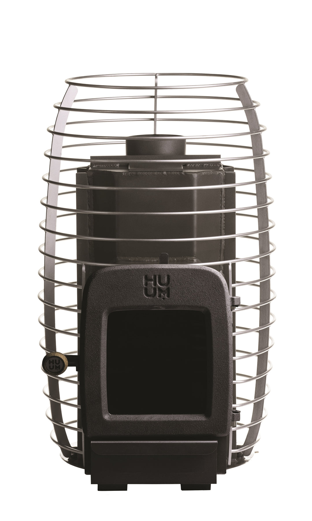 HUUM wood burning sauna stove with protective metal cage for safe and efficient heating