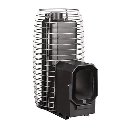 HUUM wood burning sauna stove with protective metal frame and modern black design