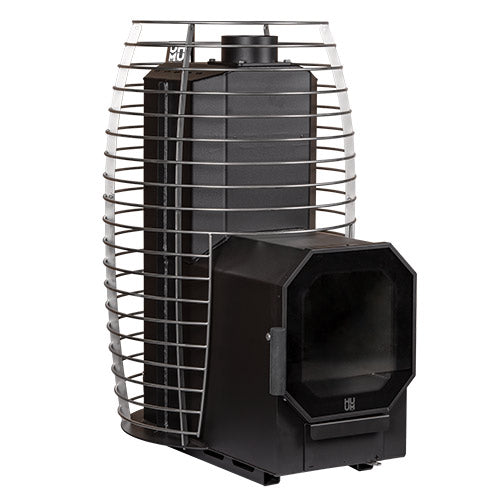 HUUM wood burning sauna stove with protective metal cage and front-loading firebox in black finish
