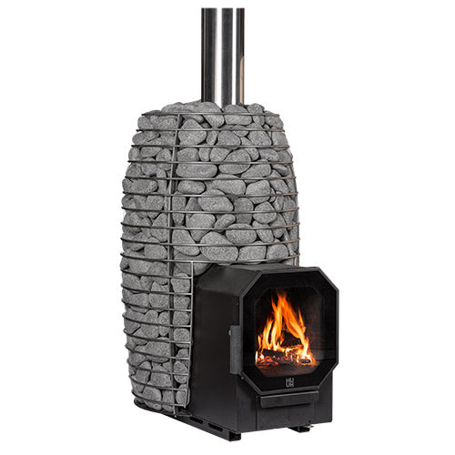 HUUM wood burning sauna stove with stone enclosure and visible fire for sauna heating