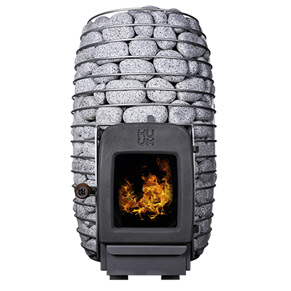HUUM wood burning sauna stove with stone exterior and visible flames inside the door