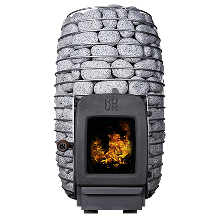 HUUM wood burning sauna stove with stone exterior and visible flames inside the door