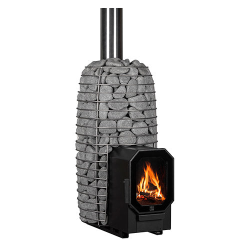 HUUM wood burning sauna stove with stacked sauna stones and front glass door fire view