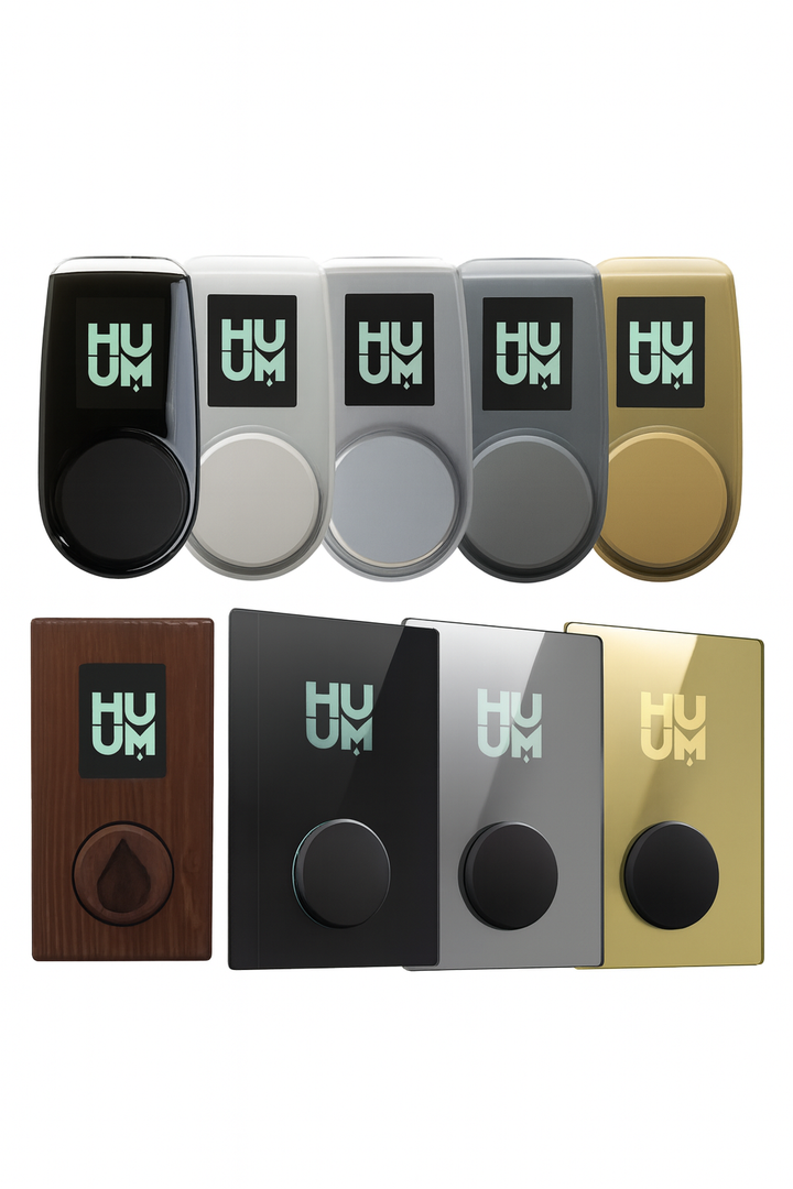 HUUM 10.5kW sauna heater package with modern control panels in multiple colors and finishes