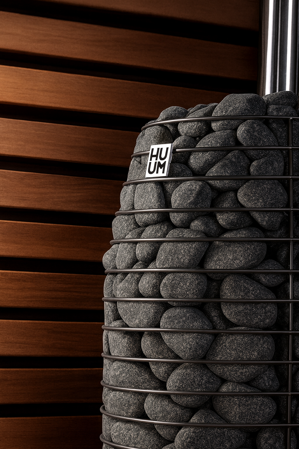 HUUM 8.5kW sauna heater package with stacked sauna stones and wooden wall background